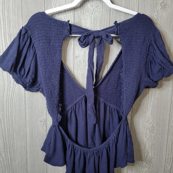 Free People Navy Blue Smocked Backless Blouse - Picture 3 of 4